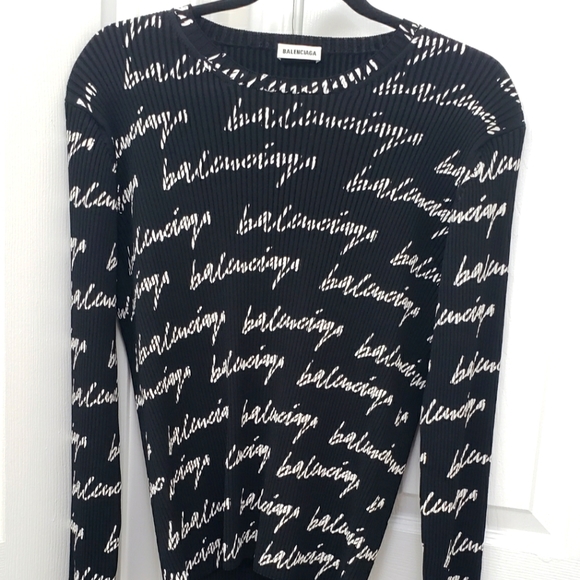 Balenciaga Black & White Ribbed Logo Knit Sweater Sz L - Picture 1 of 10